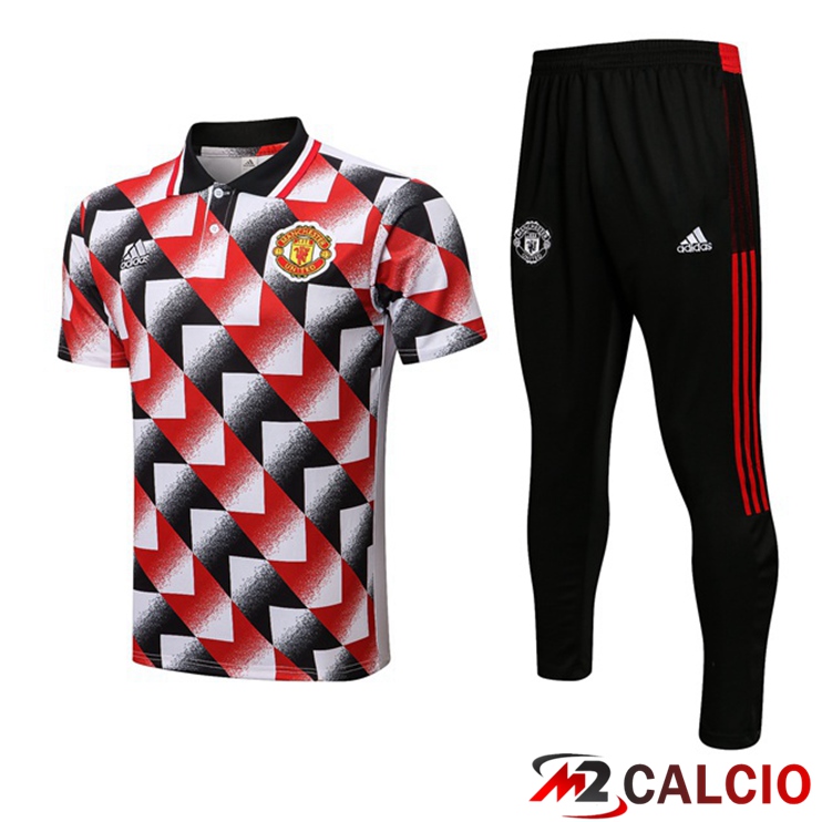 Maglie Calcio Personalizzate,Tute Calcio Squadre,Maglia Nazionale Italiana Calcio | Kit Maglia Polo Manchester United + Pantaloni Nero Rosso Bianco 2022/2023