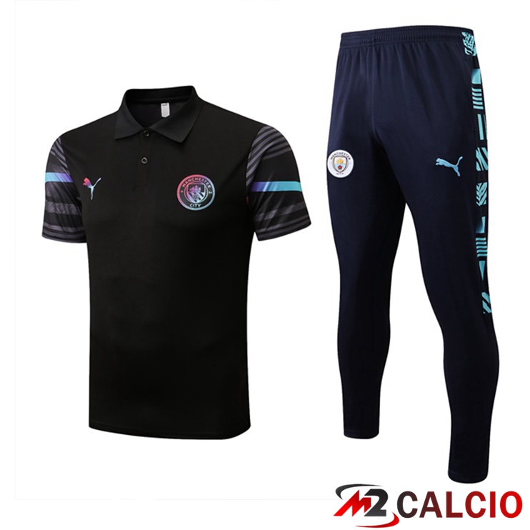 Maglie Calcio Personalizzate,Tute Calcio Squadre,Maglia Nazionale Italiana Calcio | Kit Maglia Polo Manchester City + Pantaloni Nero 2022/2023