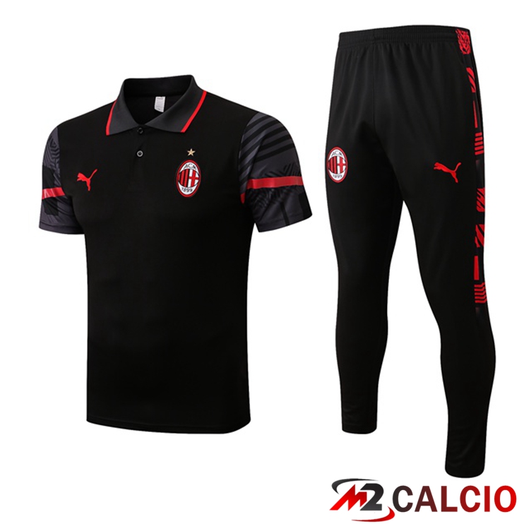 Maglie Calcio Personalizzate,Tute Calcio Squadre,Maglia Nazionale Italiana Calcio | Kit Maglia Polo AC Milan + Pantaloni Nero 2022/2023