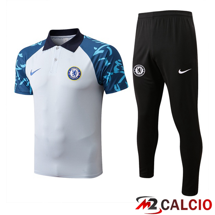 Maglie Calcio Personalizzate,Tute Calcio Squadre,Maglia Nazionale Italiana Calcio | Kit Maglia Polo FC Chelsea + Pantaloni Grigio 2022/2023