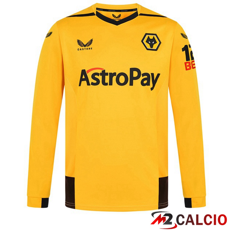 Maglie Calcio Personalizzate,Tute Calcio Squadre,Maglia Nazionale Italiana Calcio | Maglie Calcio Wolves Prima Maniche Lunghe Giallo 2022/2023