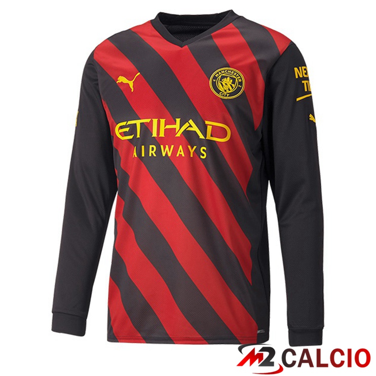 Maglie Calcio Personalizzate,Tute Calcio Squadre,Maglia Nazionale Italiana Calcio | Maglie Calcio Manchester City Seconda Manica Lunga Rosso Nero 2022/2023