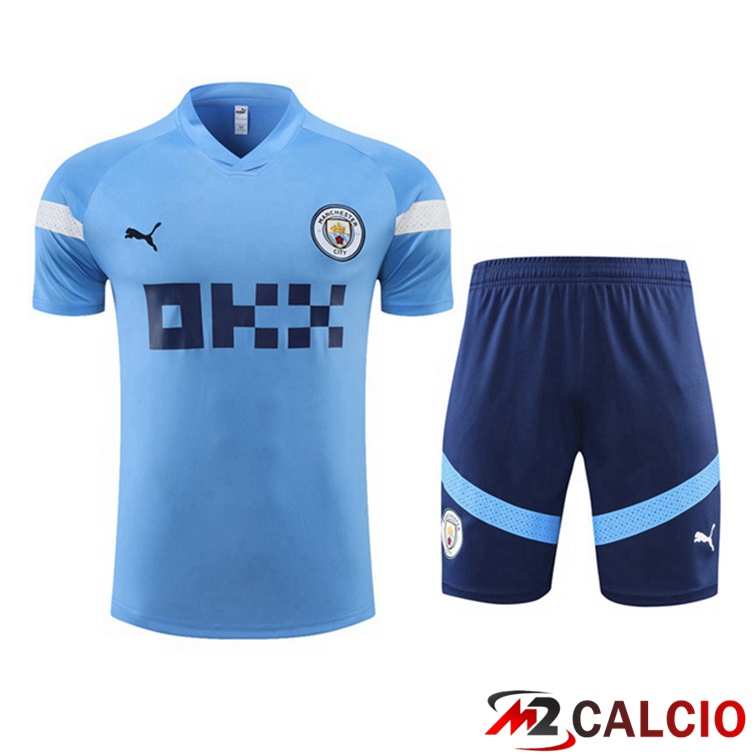 Maglie Calcio Personalizzate,Tute Calcio Squadre,Maglia Nazionale Italiana Calcio | T Shirt Allenamento Manchester City + Shorts Blu 2022/2023