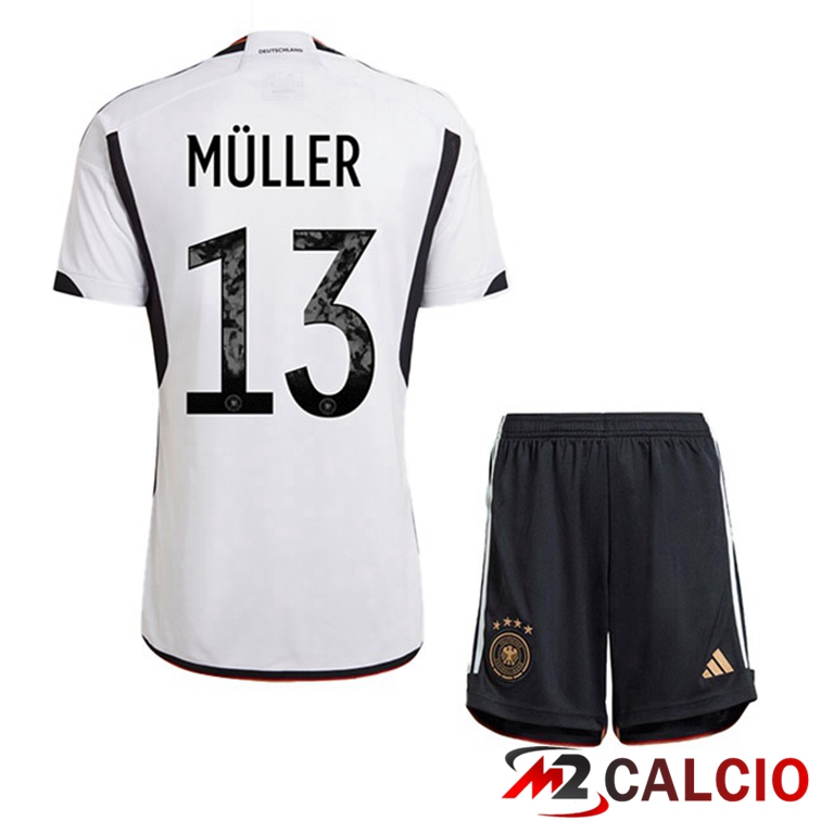 Maglie Calcio Personalizzate,Tute Calcio Squadre,Maglia Nazionale Italiana Calcio | Maglie Calcio Germania (MÜLLER 13) Bambino Prima Nero Bianco Coppa Del Mondo 2022