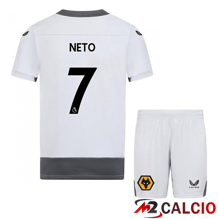 Maglie Calcio Personalizzate,Tute Calcio Squadre,Maglia Nazionale Italiana Calcio | Maglie Calcio Wolves (NETO 7) Bambino Terza Bianco Grigio 2022/2023