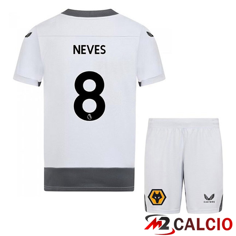 Maglie Calcio Personalizzate,Tute Calcio Squadre,Maglia Nazionale Italiana Calcio | Maglie Calcio Wolves (NEVES 8) Bambino Terza Bianco Grigio 2022/2023