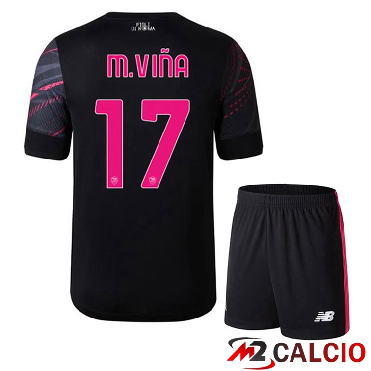 Maglie Calcio Personalizzate,Tute Calcio Squadre,Maglia Nazionale Italiana Calcio | Maglie Calcio AS Roma (M.VIÑA 17) Bambino Terza Nero 2022/2023