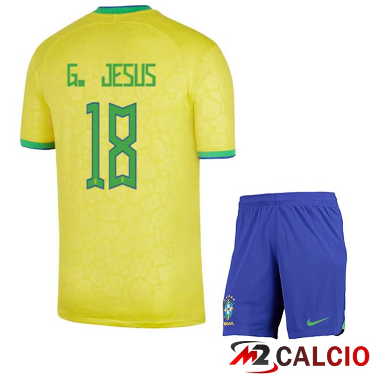 Maglie Calcio Personalizzate,Tute Calcio Squadre,Maglia Nazionale Italiana Calcio | Maglie Calcio Brasile (G. JESUS 18) Bambino Prima Giallo Coppa Del Mondo 2022