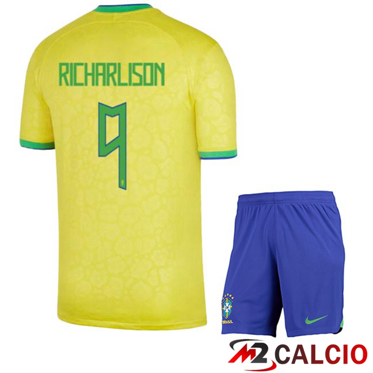 Maglie Calcio Personalizzate,Tute Calcio Squadre,Maglia Nazionale Italiana Calcio | Maglie Calcio Brasile (RICHARLISON 9) Bambino Prima Giallo Coppa Del Mondo 2022