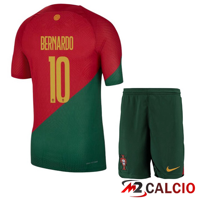 Maglie Calcio Personalizzate,Tute Calcio Squadre,Maglia Nazionale Italiana Calcio | Maglie Calcio Portogallo (BERNARDO 10) Bambino Prima Rosso Verde 2022/2023