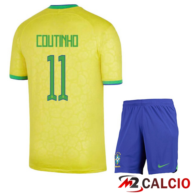 Maglie Calcio Personalizzate,Tute Calcio Squadre,Maglia Nazionale Italiana Calcio | Maglie Calcio Brasile (COUTINHO 11) Bambino Prima Giallo 2022/2023