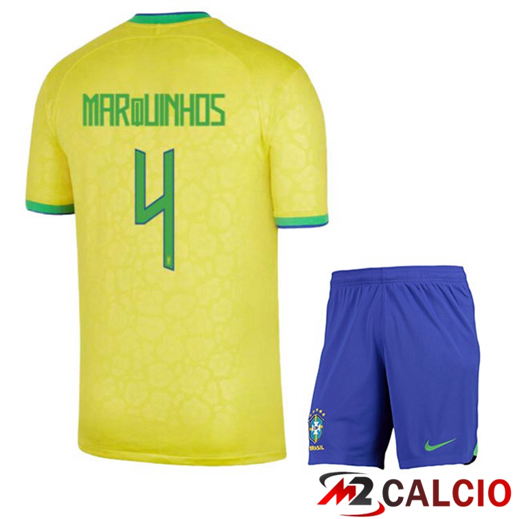 Maglie Calcio Personalizzate,Tute Calcio Squadre,Maglia Nazionale Italiana Calcio | Maglie Calcio Brasile (MARQUINHOS 4) Bambino Prima Giallo 2022/2023