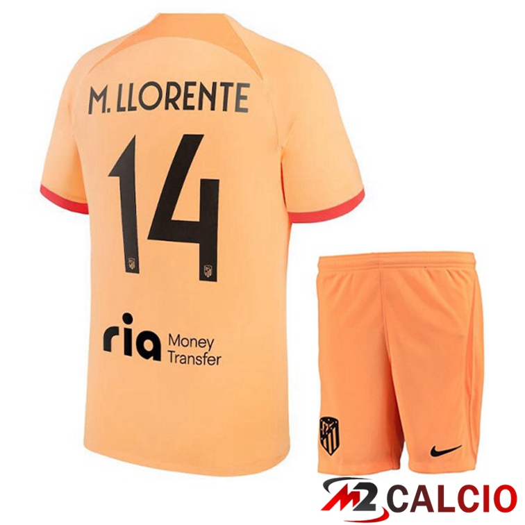 Maglie Calcio Personalizzate,Tute Calcio Squadre,Maglia Nazionale Italiana Calcio | Maglie Calcio Atletico Madrid (M. LLORENTE 14) Bambino Terza Arancione 2022/2023