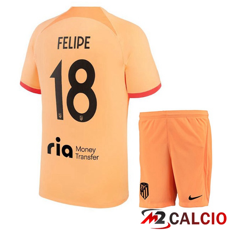 Maglie Calcio Personalizzate,Tute Calcio Squadre,Maglia Nazionale Italiana Calcio | Maglie Calcio Atletico Madrid (FELIPE 18) Bambino Terza Arancione 2022/2023