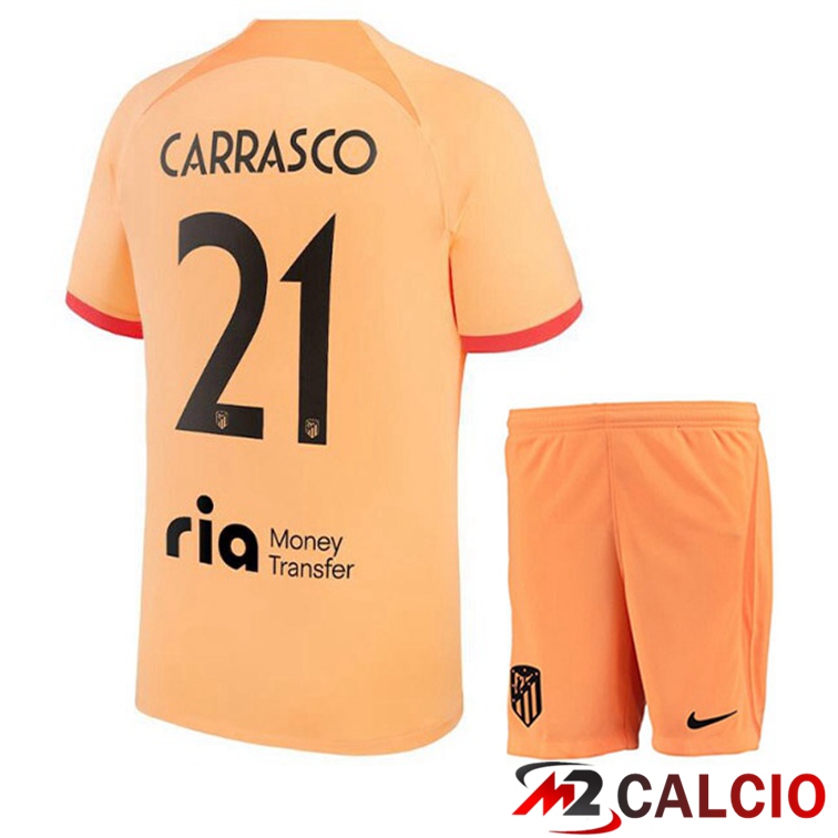 Maglie Calcio Personalizzate,Tute Calcio Squadre,Maglia Nazionale Italiana Calcio | Maglie Calcio Atletico Madrid (CARRASCO 21) Bambino Terza Arancione 2022/2023