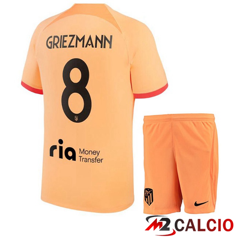 Maglie Calcio Personalizzate,Tute Calcio Squadre,Maglia Nazionale Italiana Calcio | Maglie Calcio Atletico Madrid (GRIEZMANN 8) Bambino Terza Arancione 2022/2023
