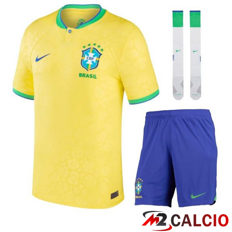Maglie Calcio Personalizzate,Tute Calcio Squadre,Maglia Nazionale Italiana Calcio | Insieme Maglie Calcio Brasile Prima (Pantaloncini + Calzini) Coppa Del Mondo 2022