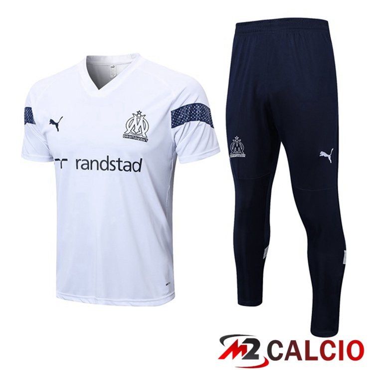 Maglie Calcio Personalizzate,Tute Calcio Squadre,Maglia Nazionale Italiana Calcio | T Shirt Allenamento Marsiglia + Pantaloni Bianco 2022/2023