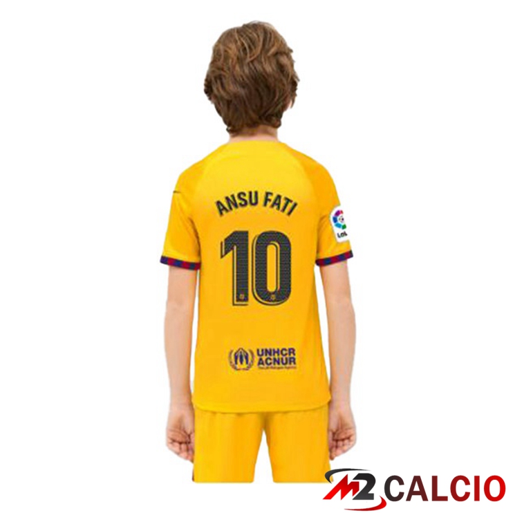 Maglie Calcio Personalizzate,Tute Calcio Squadre,Maglia Nazionale Italiana Calcio | Maglie Calcio FC Barcellona (ANSU FATI 10) Bambino Quarto Giallo 2022/2023