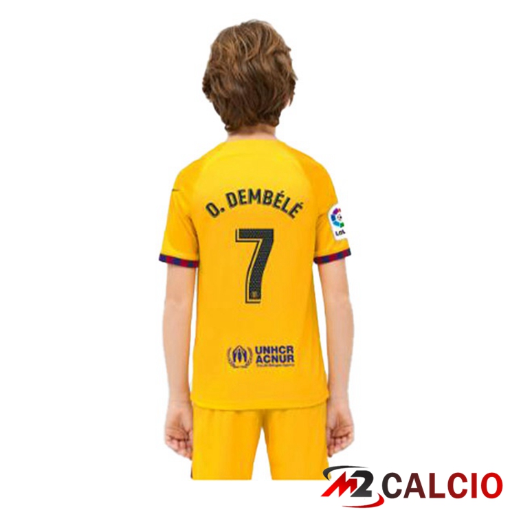 Maglie Calcio Personalizzate,Tute Calcio Squadre,Maglia Nazionale Italiana Calcio | Maglie Calcio FC Barcellona (O. DEMBÉLÉ 7) Bambino Quarto Giallo 2022/2023