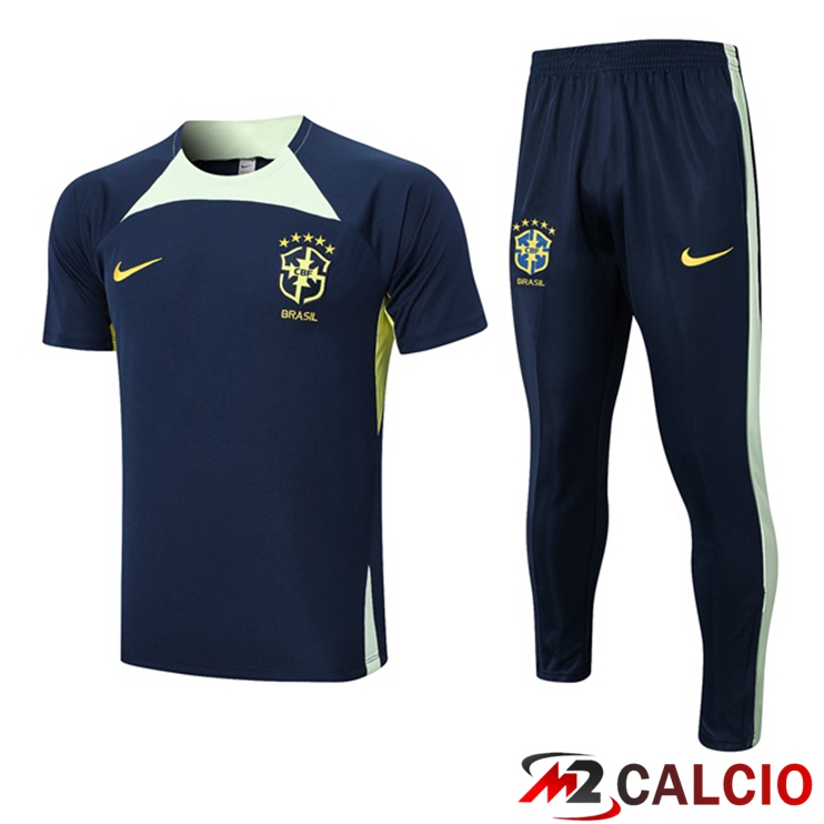 Maglie Calcio Personalizzate,Tute Calcio Squadre,Maglia Nazionale Italiana Calcio | T Shirt Allenamento Brasile + Pantaloni Blu Reale 2023/2024