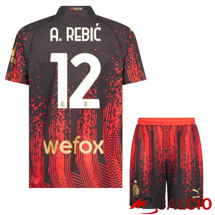 Maglie Calcio Personalizzate,Tute Calcio Squadre,Maglia Nazionale Italiana Calcio | Maglie Calcio AC Milan (A. REBIĆ 12) Bambino Quarto Rosso Nero 2022/2023