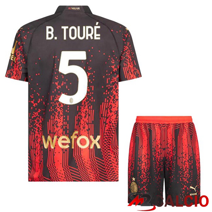 Maglie Calcio Personalizzate,Tute Calcio Squadre,Maglia Nazionale Italiana Calcio | Maglie Calcio AC Milan (B. TOURÉ 5) Bambino Quarto Rosso Nero 2022/2023