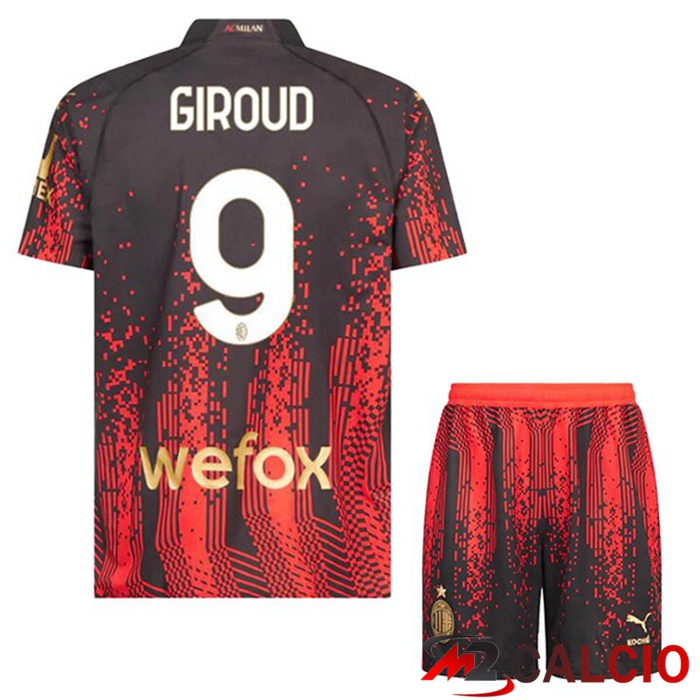 Maglie Calcio Personalizzate,Tute Calcio Squadre,Maglia Nazionale Italiana Calcio | Maglie Calcio AC Milan (GIROUD 9) Bambino Quarto Rosso Nero 2022/2023
