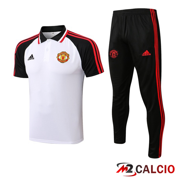 Maglie Calcio Personalizzate,Tute Calcio Squadre,Maglia Nazionale Italiana Calcio | Kit Maglia Polo Manchester United + Pantaloni Bianco Nero 2021/2022