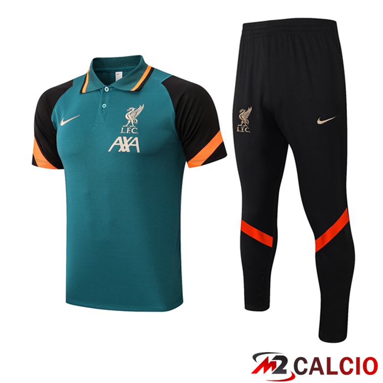Maglie Calcio Personalizzate,Tute Calcio Squadre,Maglia Nazionale Italiana Calcio | Kit Maglia Polo FC Liverpool + Pantaloni Verde Nero 2021/2022