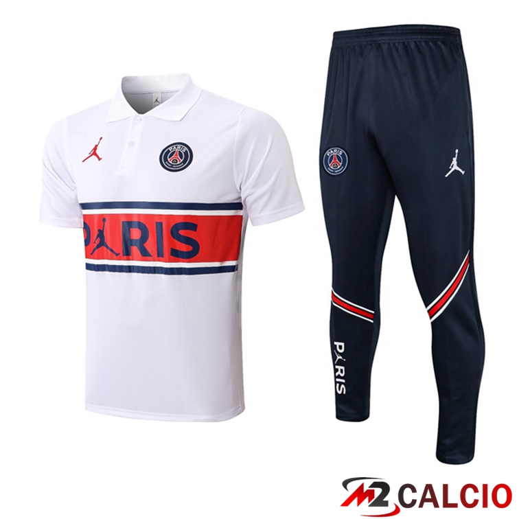 Maglie Calcio Personalizzate,Tute Calcio Squadre,Maglia Nazionale Italiana Calcio | Kit Maglia Polo JORDAN Paris PSG + Pantaloni Bianco 2021/2022