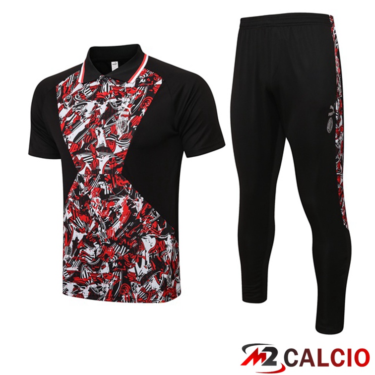 Maglie Calcio Personalizzate,Tute Calcio Squadre,Maglia Nazionale Italiana Calcio | AC Milan Polo Maglia Uomo + Pantaloni Nero Rosso 2021/2022