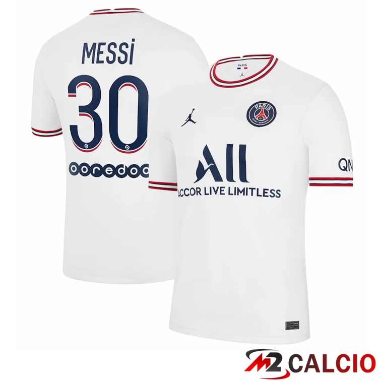 Maglie Calcio Personalizzate,Tute Calcio Squadre,Maglia Nazionale Italiana Calcio | Maglia Jordan Paris PSG (Messi 30) Donna Quattro Bianco 2021/2022