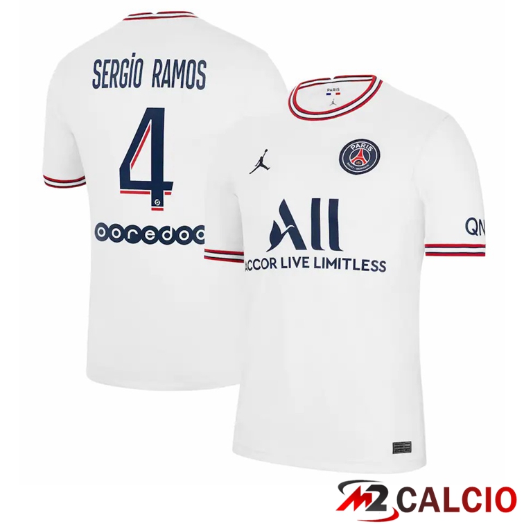 Maglie Calcio Personalizzate,Tute Calcio Squadre,Maglia Nazionale Italiana Calcio | Maglia Jordan Paris PSG (Sergio Ramos 4) Donna Quattro Bianco 2021/2022