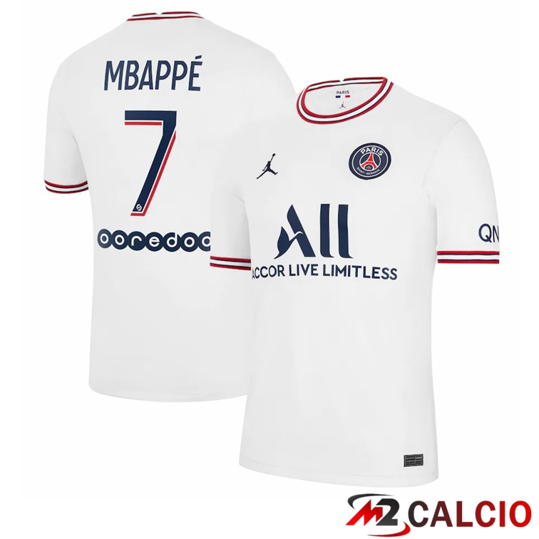 Maglie Calcio Personalizzate,Tute Calcio Squadre,Maglia Nazionale Italiana Calcio | Maglia Jordan Paris PSG (Mbappé 7) Donna Quattro Bianco 2021/2022