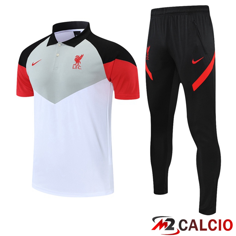 Maglie Calcio Personalizzate,Tute Calcio Squadre,Maglia Nazionale Italiana Calcio | Maglia Polo FC Liverpool + Pantaloni Bianco Grigio Rosso 2021/2022