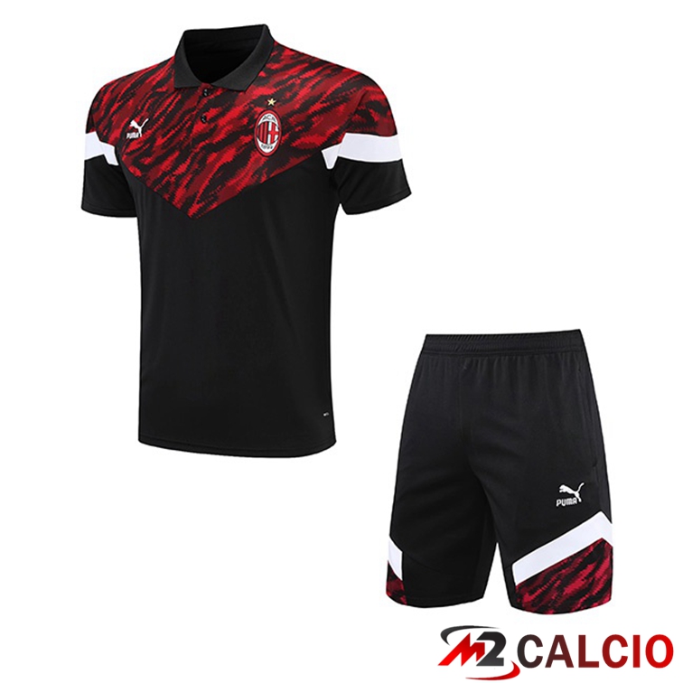 Maglie Calcio Personalizzate,Tute Calcio Squadre,Maglia Nazionale Italiana Calcio | Maglia Polo AC Milan + Pantaloncini Nero Rosso 2021/2022
