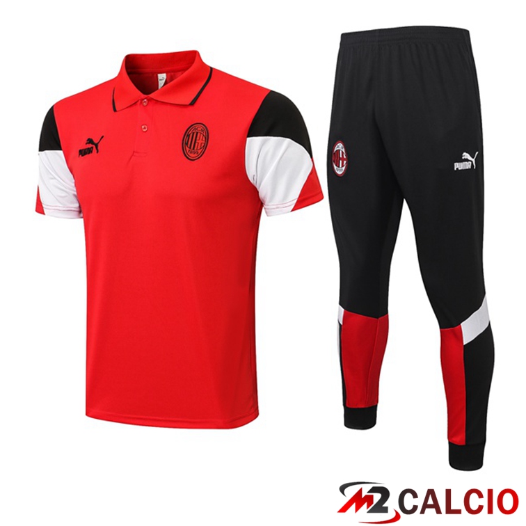 Maglie Calcio Personalizzate,Tute Calcio Squadre,Maglia Nazionale Italiana Calcio | Maglia Polo AC Milan + Pantaloni Rosso 2021/2022